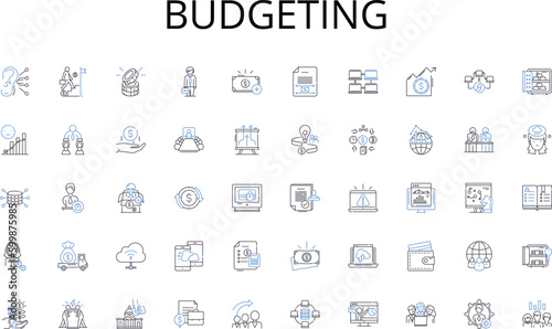 Budgeting line icons collection. Adventure, Exploration, Discovery, Odyssey, Journeys, Quest, Expedition vector and linear illustration. Safari,Sojourn,Roaming outline signs set