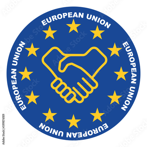 Handshake with Union flag. European union cooperation icon.
