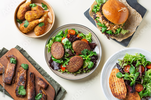 Variety of plant based meat, food to reduce carbon footprint