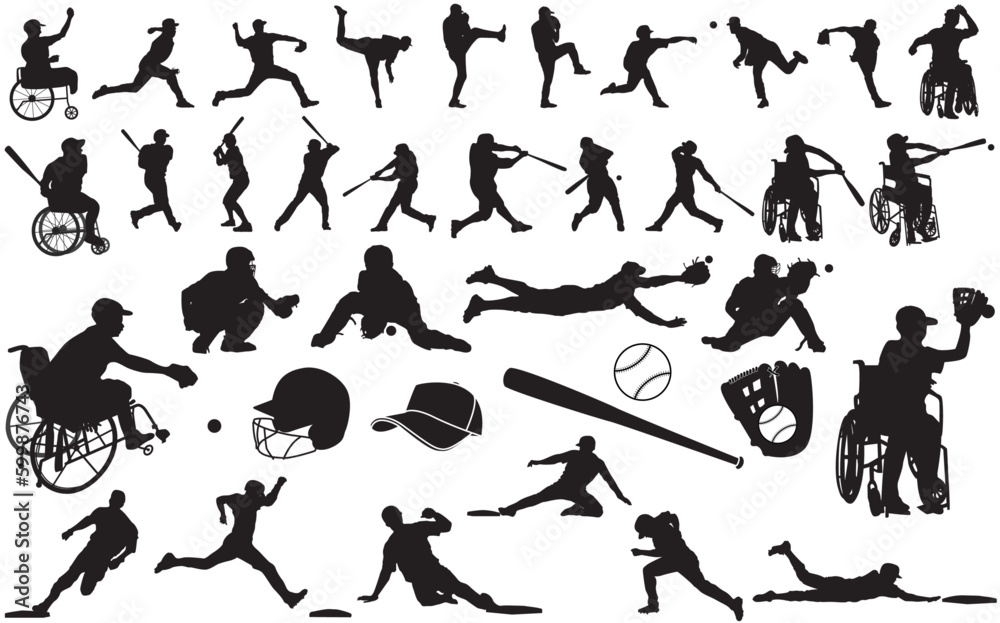 Vetor de Set of 37 male baseball players with and without disability