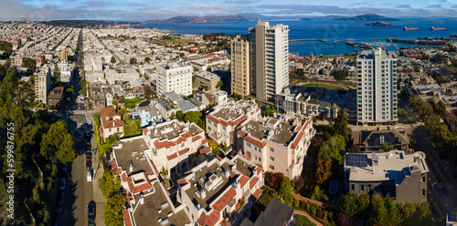 San Francisco city view from top during summer time at the area of the Russian Hill district photo
