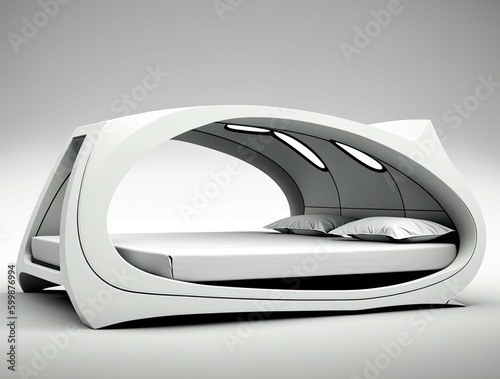 White futuristic double bed with pillows isolated on light background. Generative ai future bedroom design