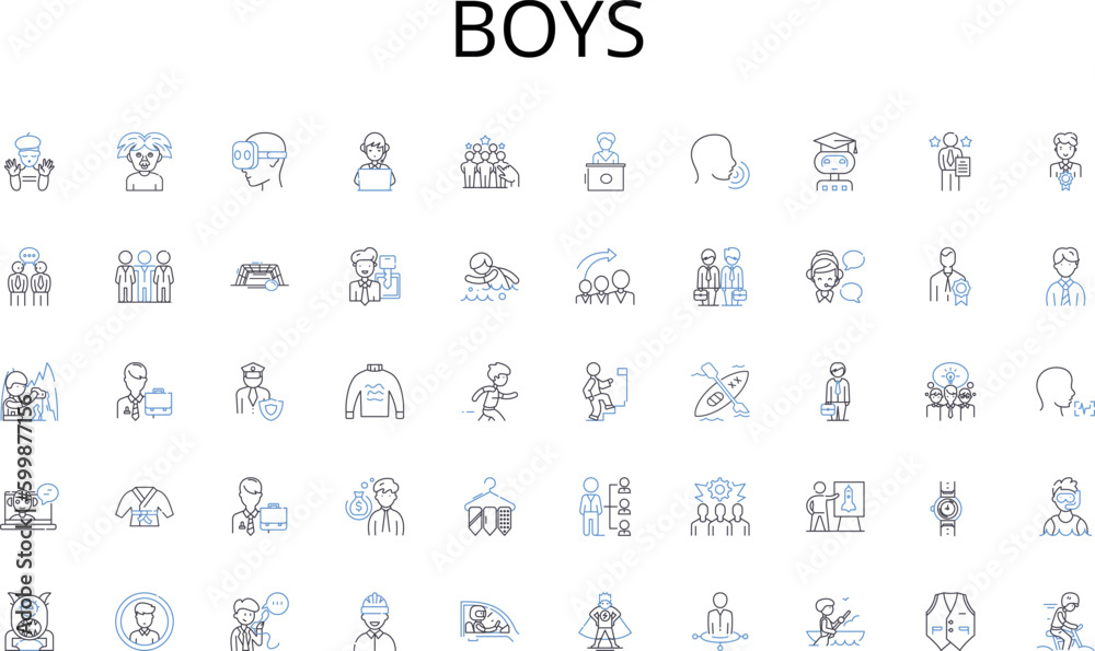 Boys line icons collection. Direction, Vision, Motivation, Guidance, Inspiration, Mentorship, Empowerment vector and linear illustration. Accountability,Influence,Strategy outline signs set