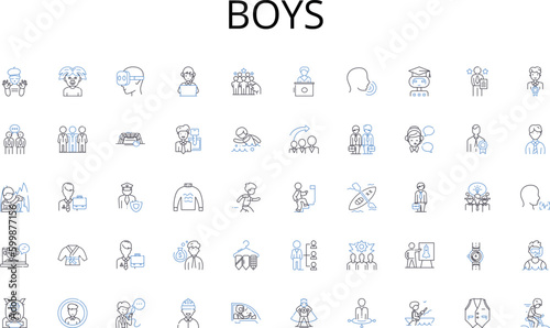 Boys line icons collection. Direction, Vision, Motivation, Guidance, Inspiration, Mentorship, Empowerment vector and linear illustration. Accountability,Influence,Strategy outline signs set