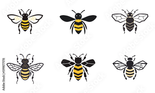 Set of bee icons. Vector illustration isolated on white background.