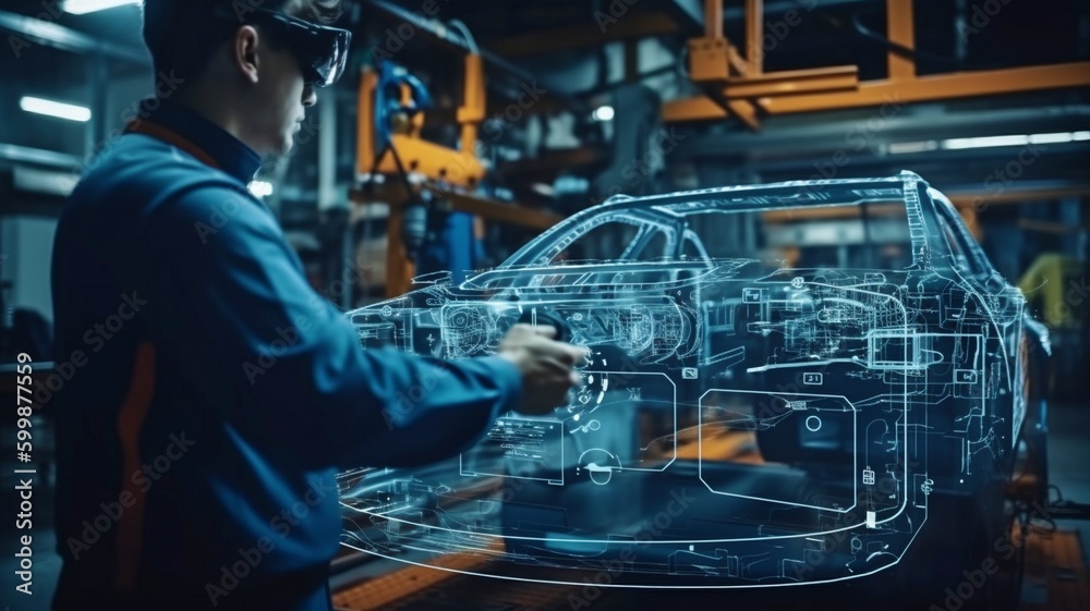 Using Augmented Reality Headsets, 3D VFX Software for Development, and Generative AI, an automotive engineer is working on an electric car chassis platform. - obrazy, fototapety, plakaty 