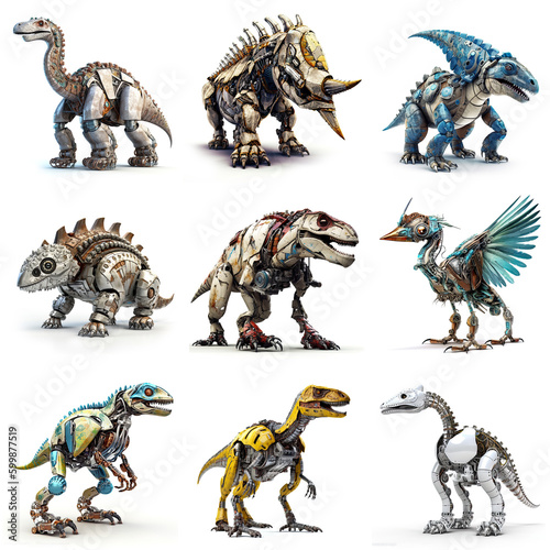 Robot Dinos, Dinosaurs, set/collection. Isolated on white background. Made with Generative AI.