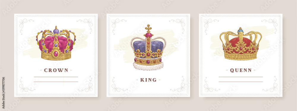 Set of hand drawn golden crowns. Square banner templates for social media mobile apps. Vector illustration