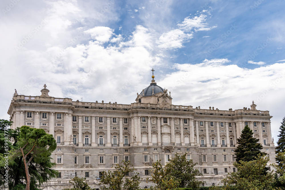 Royal Palace of Madrid and Sabatini park in Madrid, Spain.
