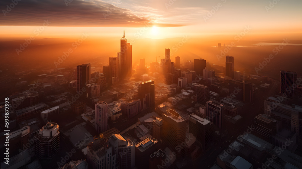 Fototapeta premium A stunning sunrise over the city, with a warm glow of sunlight shining on the tall buildings and the streets below. The perfect start to a new day in the city. Generative AI