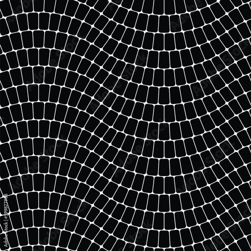 Seamless geometric pattern. Mesh of black squares arranged in wavy lines on white background. Mosaic cobblestone style. Vector illustration. Brilliant as a texture.