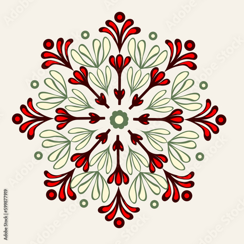 the folklore pattern is made in red and dark red, also the pattern is in green color on a light milky background