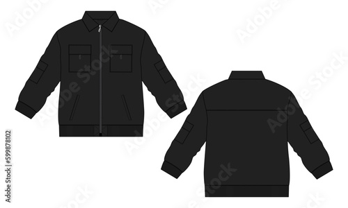 Long sleeve jacket with pocket and zipper technical fashion flat sketch vector illustration black color template front and back views. Fleece jersey sweatshirt jacket for men's and boys.
