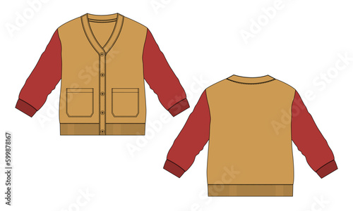 Two tone color Cardigan Technical drawing fashion flat sketch vector illustration template front and back views