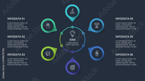 Diagram concept for infographic with 6 steps, options, parts or processes. Template for web on a black background.