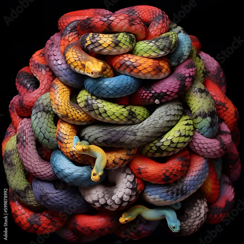 100 snakes, in a pile, different colors, super realistic