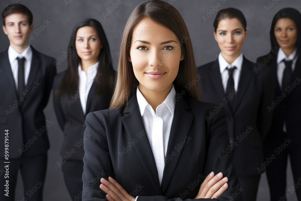 A confident and assertive businesswoman working alongside a group of people. Generative AI A confident and assertive businesswoman working alongside a group of people. Generative AI