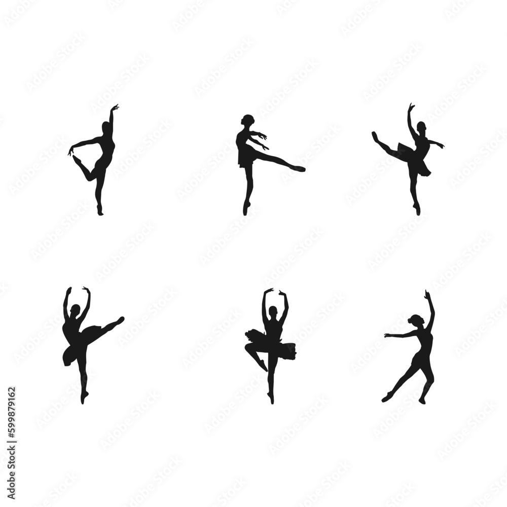 Ballerina silhouette ballet dance poses.Set of silhouettes of ballerinas in dances, movements, positions. Logotype design for studio, icons for dance school, fitness, isolated on white background.