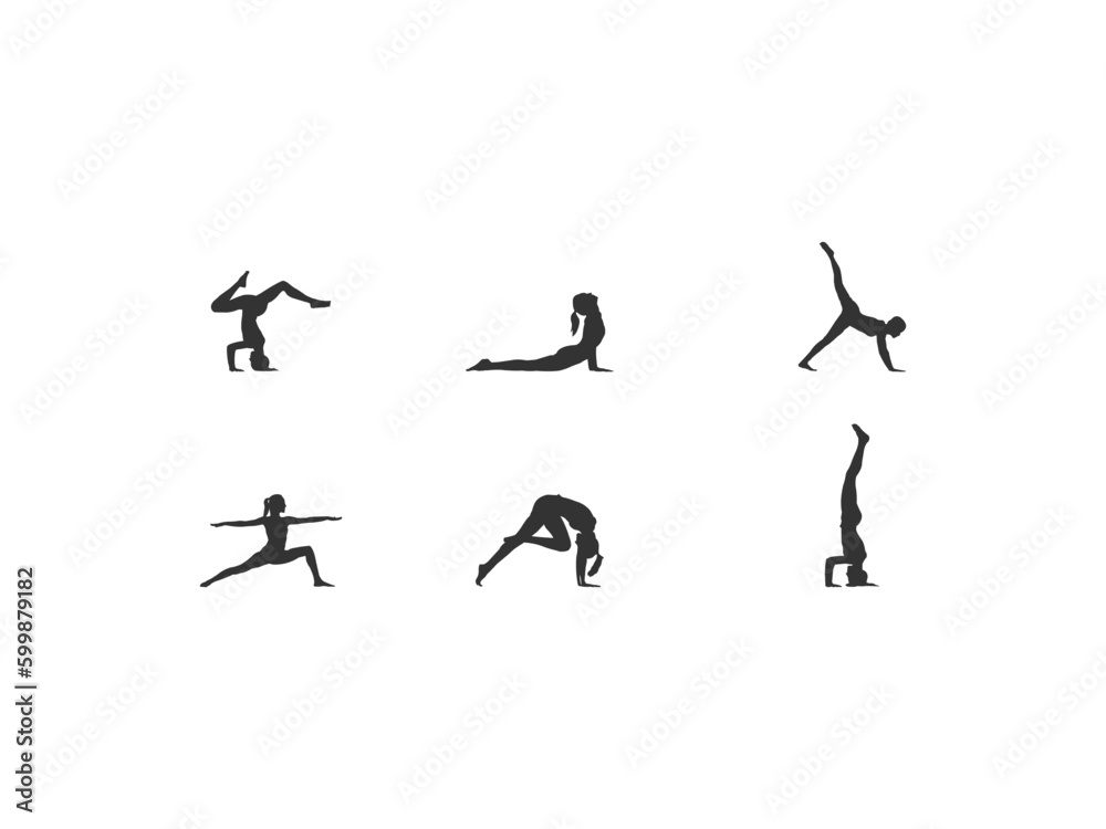 Yoga Workout.Silhouettes of a woman in Tree, Sirsasana, Boat, Warrior one, two, three, downwards and upwards facing dog, lotus, headstand poses.healthy and beauty.isolated on white background. Yoga Workout.Silhouettes of a woman in Tree, Sirsasana, Boat, Warrior one, two, three, downwards and upwards facing dog, lotus, headstand poses.healthy and beauty.isolated on white background.