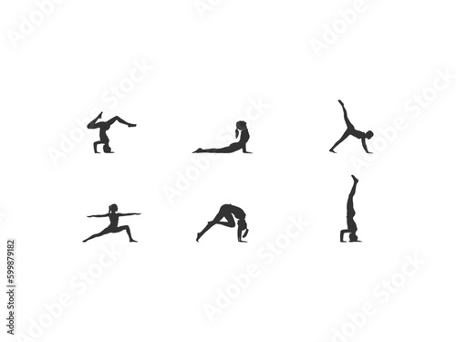 Yoga Workout.Silhouettes of a woman in Tree, Sirsasana, Boat, Warrior one, two, three, downwards and upwards facing dog, lotus, headstand poses.healthy and beauty.isolated on white background.