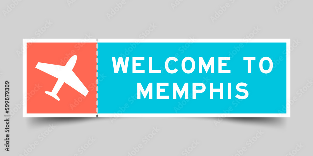 Orange and blue color ticket with plane icon and word to