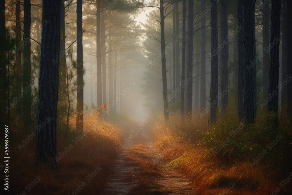 Obraz premium Footpath between thin tall pine trees with thick undergrowth. Generative AI