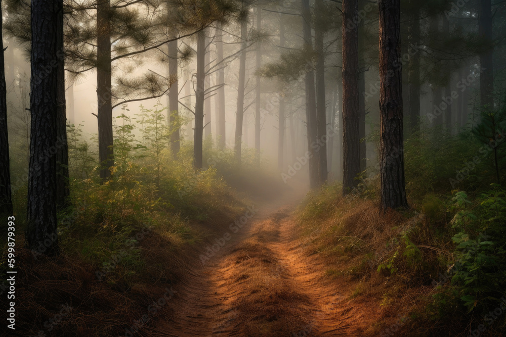 Trail between tall pines, mist in the air. Generative AI