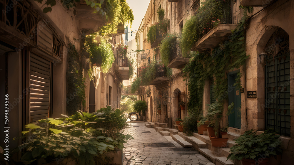 The morning light gently illuminates the narrow streets of an old town with cobblestone roads, colorful buildings, and green plants hanging from balconies. Generative AI