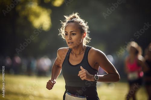A woman takes part in a running marathon. Generative AI