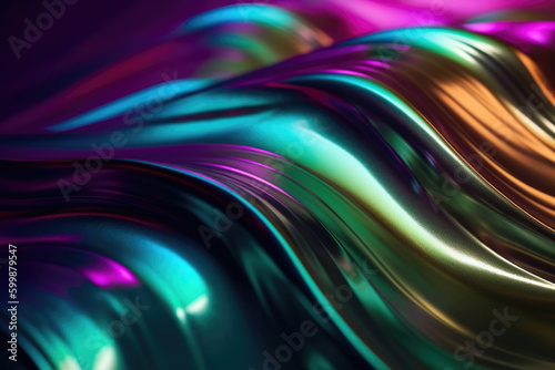 Foil waves sound energy metal shiny purple green blue orange background blur. Generative AI