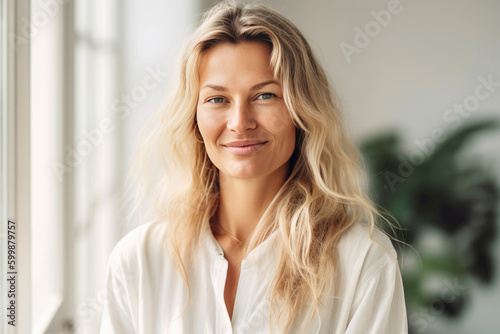 Image of attractive elegant blonde woman standing in white office. Generative AI