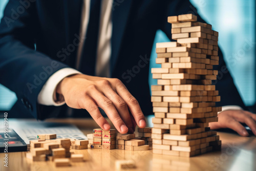 Businessman gambling placing wooden block on a tower. Generative AI