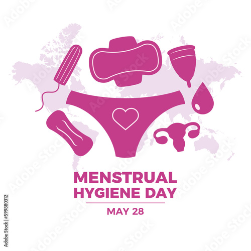 Menstrual Hygiene Day vector illustration. Women's menstrual products icon set vector. Menstrual sanitary pad, tampon, cup, panties purple icons vector. May 28 every year. Important day photo