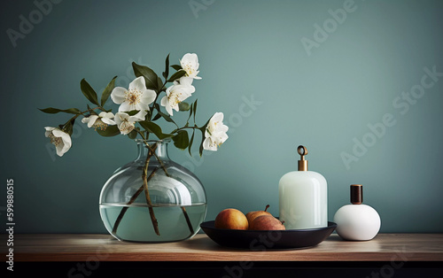 Interior decor detail still life with bouquet in glass vase, teal background, antique bottles, and stone fruit on wood surface, Generative AI