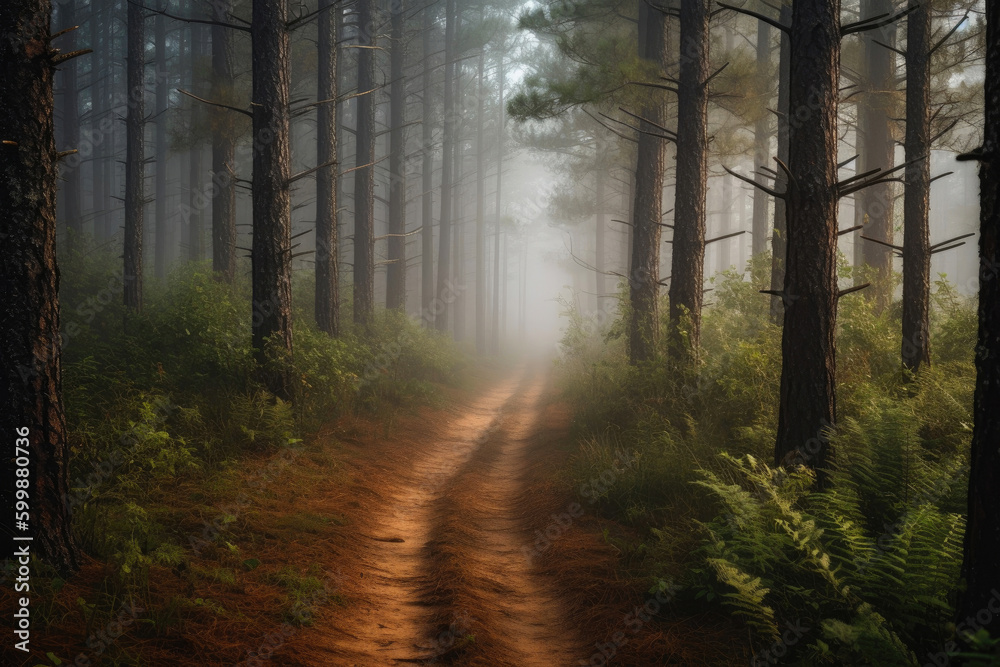 Trail between tall pines, mist in the air. Generative AI