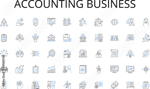 Accounting business line icons collection. Atoms, Elements, Molecules, Reactions, Bonding, Acids, Bases vector and linear illustration. Solutions,Equations,Stoichiometry outline signs set