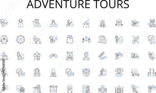 Adventure tours line icons collection. ollaboration, teamwork, cooperation, partnership, coordination, synergy, cohesion vector and linear illustration. alliance, unity, solidarity outline signs set