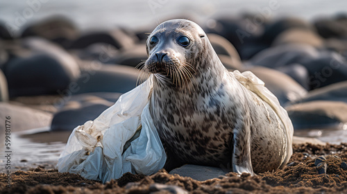 Seal surrounded by plastic waster in the ocean. Created using Generative AI