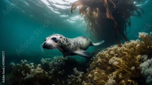 Seal surrounded by plastic waster in the ocean. Created using Generative AI © Rokas