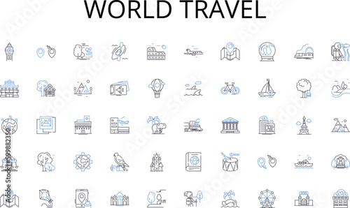 World travel line icons collection. Amplification, Density, Quantitative, Comprehensive, Extensive, Thorough, Intensity vector and linear illustration. Analysis,Data,Findings outline signs set