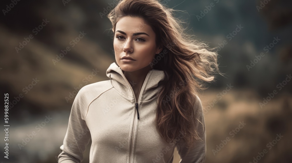 Athletic Woman in Neutral Sportswear Posing Against Outdoor Scenery. Generative AI.