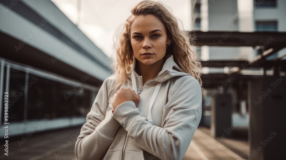 Athletic Woman in Neutral Sportswear Posing Against Urban Backdrop. Generative AI. Athletic Woman in Neutral Sportswear Posing Against Urban Backdrop. Generative AI.
