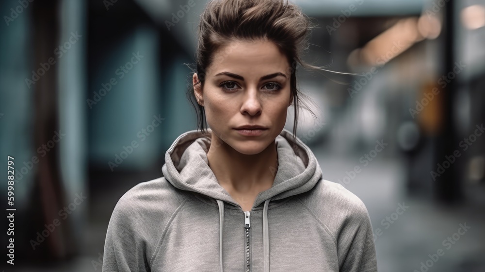 Athletic Woman in Neutral Sportswear Posing Against Urban Backdrop. Generative AI.