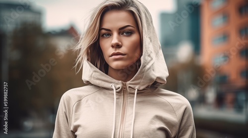 Athletic Woman in Neutral Sportswear Posing Against Urban Backdrop. Generative AI. © bomoge.pl