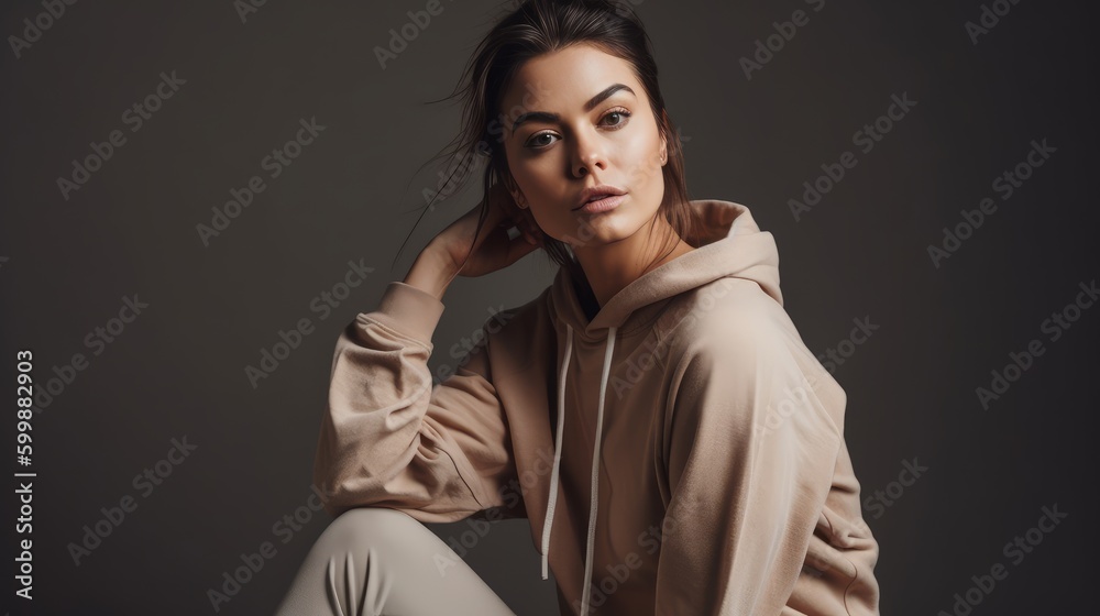 Casual Woman in Neutral Athleisure Posing Against Minimalist Backdrop. Generative AI. Casual Woman in Neutral Athleisure Posing Against Minimalist Backdrop. Generative AI.