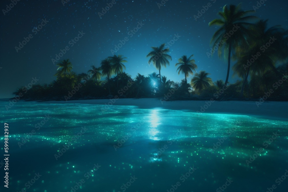luminous paradise sky tropical vacation tree night blue beach ocean palm. Generative AI.