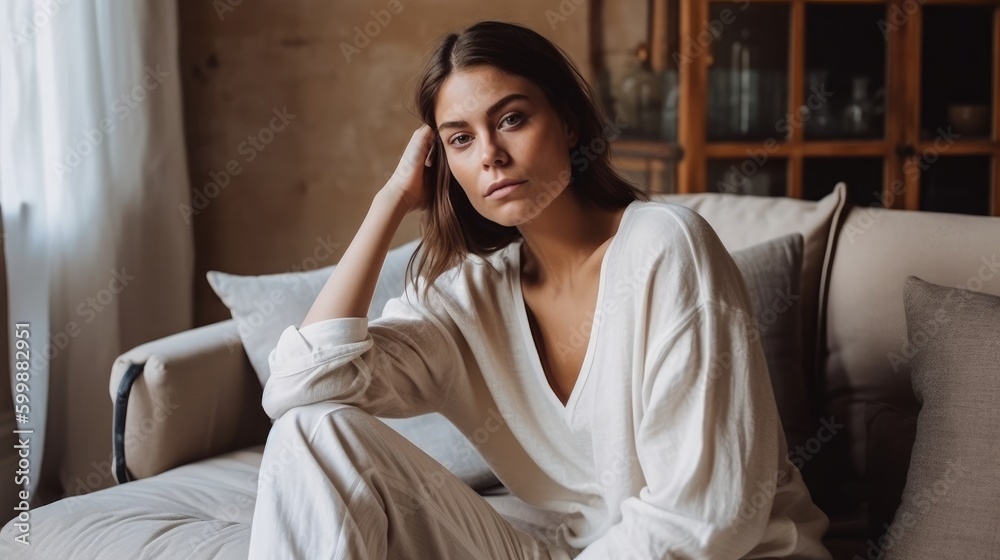 Casual Woman in Neutral Loungewear Posing Against Cozy Home Interior. Generative AI. Casual Woman in Neutral Loungewear Posing Against Cozy Home Interior. Generative AI.