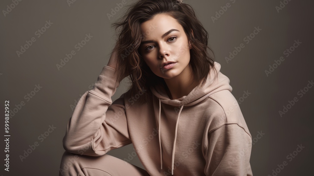 Casual Woman in Neutral Athleisure Posing Against Minimalist Backdrop. Generative AI.