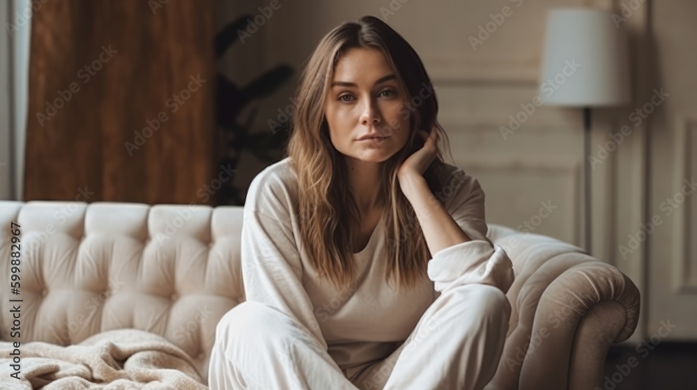 Casual Woman in Neutral Loungewear Posing Against Cozy Home Interior. Generative AI. Casual Woman in Neutral Loungewear Posing Against Cozy Home Interior. Generative AI.