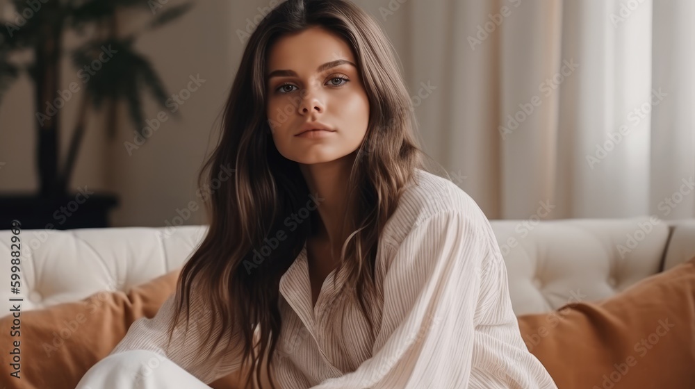 Casual Woman in Neutral Loungewear Posing Against Cozy Home Interior. Generative AI. Casual Woman in Neutral Loungewear Posing Against Cozy Home Interior. Generative AI.